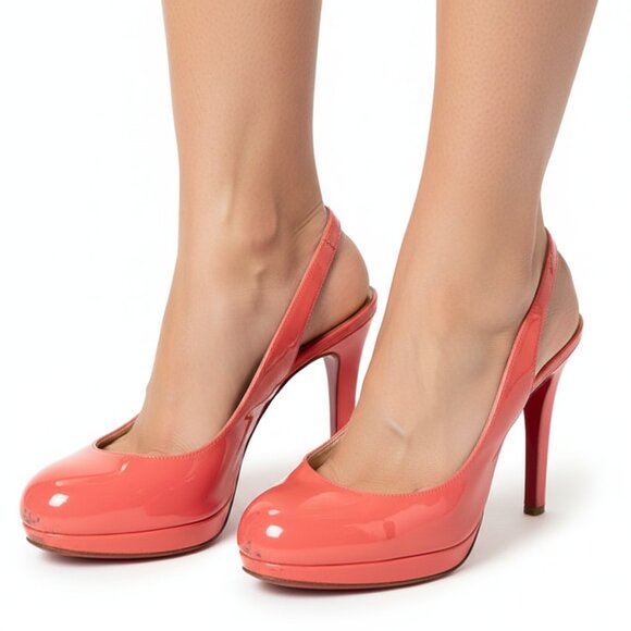 Christian Louboutin Patent Slingback Heels – Coral Red – Size 38 – 100% Authenti - Picture 1 of 13